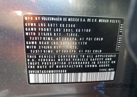 2021 Volkswagen Tiguan Se z USA, uszkodzony, nr VIN 3VV2B7AX4MM099868